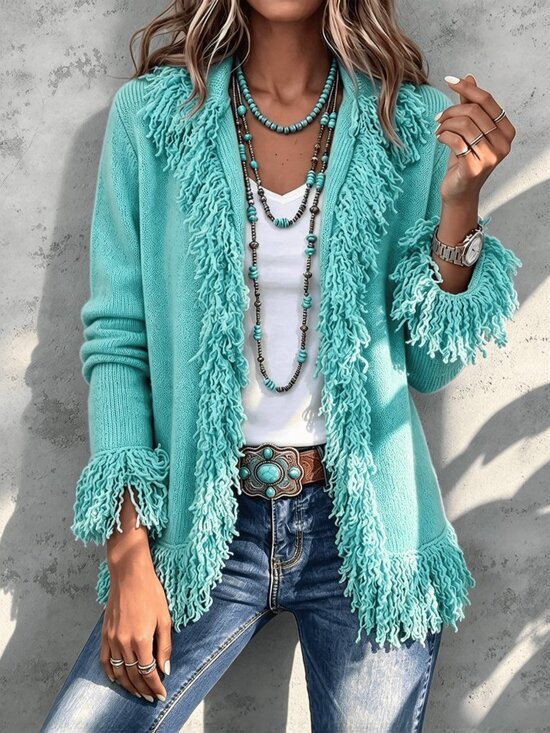 Sweaters - Lake Blue Casual Women's Knitted Tassel Cardigan